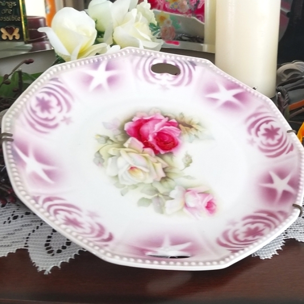 Vintage 1940 German Cake Plate Floral Rose Pattern Heart Shape Handles